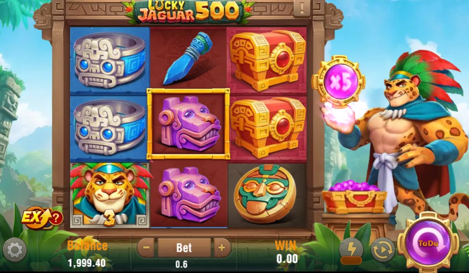 Pantalla principal de la tragamonedas Lucky Jaguar 500 con el jaguar dorado sobre la cuadrícula 3x3