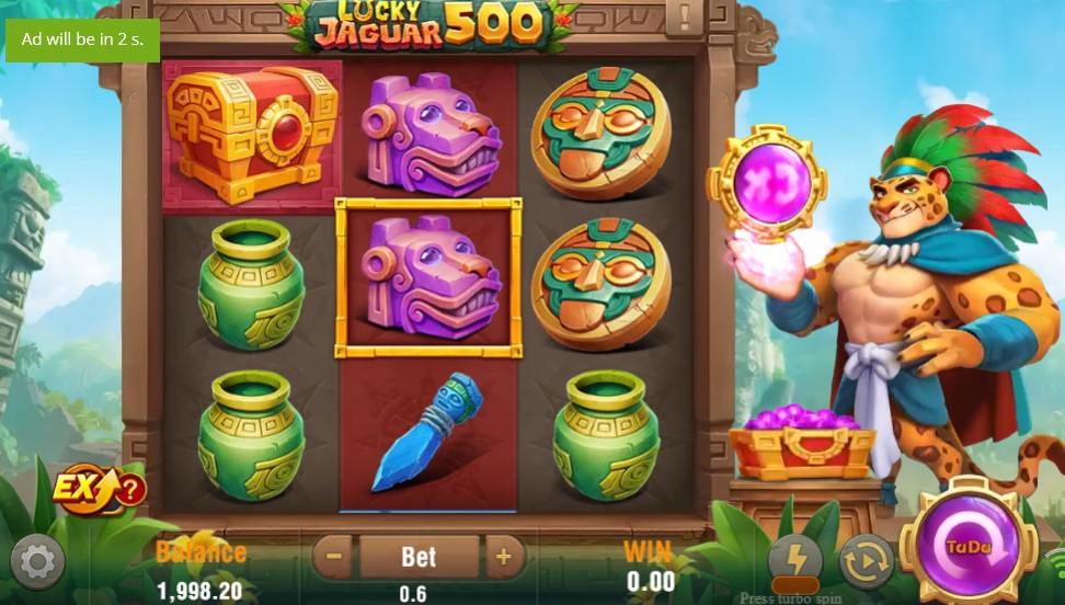 Comodín Super Jaguar con multiplicador iluminado en el carrete central de Lucky Jaguar 500