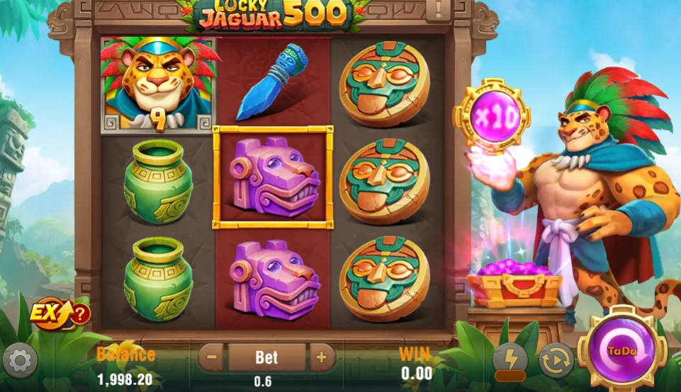 Tótem maya y anillo dorado entre la vegetación de la selva de Lucky Jaguar 500